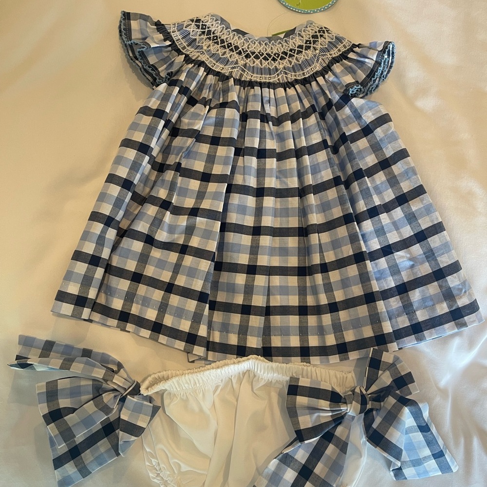 NWT Classic Whimsy Smocked Plaid Diaper Set - Blue and White | 24 months